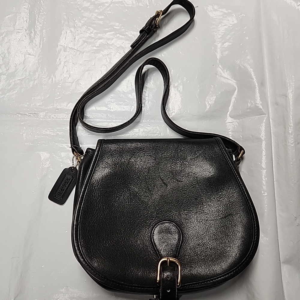 Vintage Coach Saddle Purse Crossbody Bag Black Leather